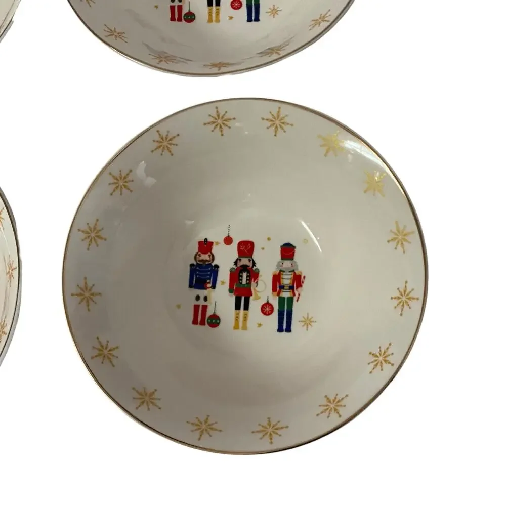 Holiday Style Nutcracker Ceramic Bowls Set 4 Christmas Gold Rim Cottagecore NWT